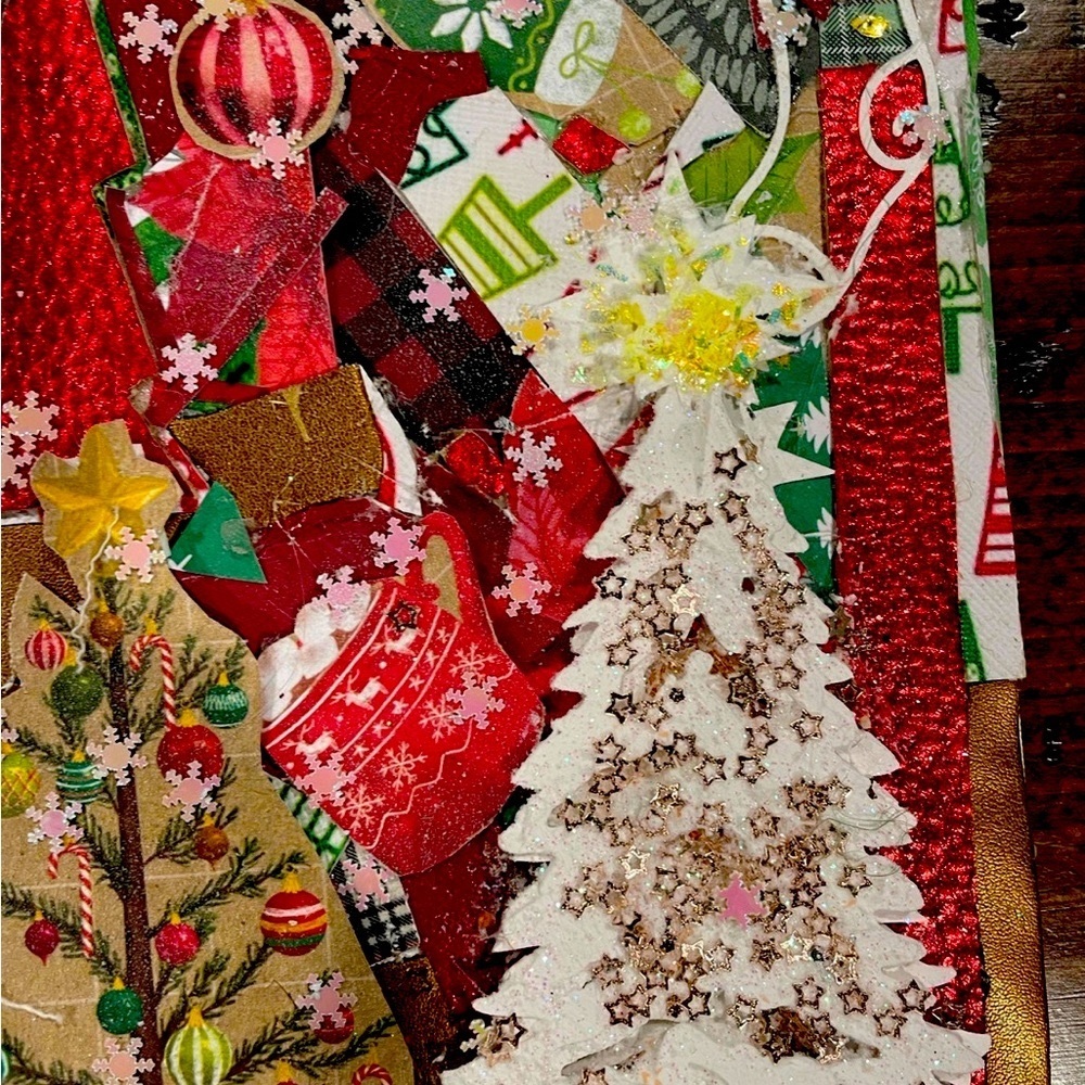 Hand crafted Christmas Journal Cover Trees Glitter Snowflakes Stockings
